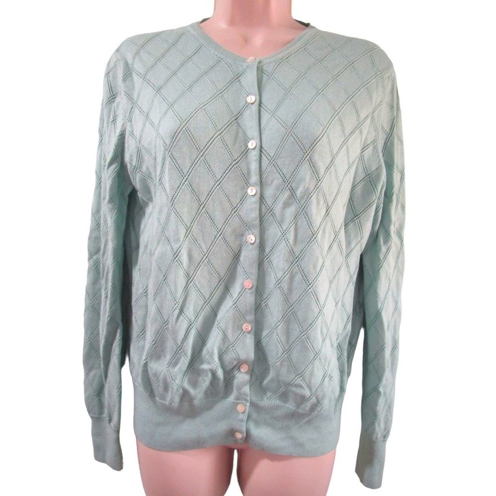 Brooks Brothers Silk Cashmere Blend Cardigan Ladies L Green Diamond Pattern EUC